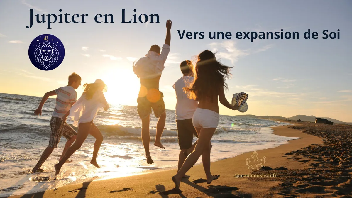 Symbole de Jupiter rejoignant le signe du Lion, évoquant l'expansion solaire, la créativité audacieuse et la confiance retrouvée