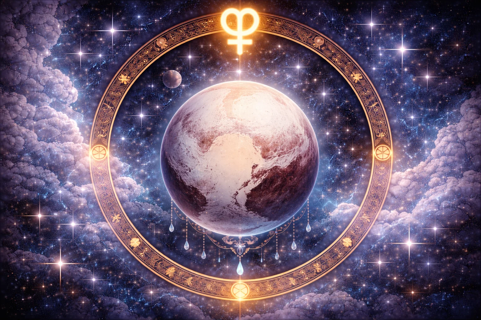 Symbole astrologique de Pluton avec un phénix renaissant