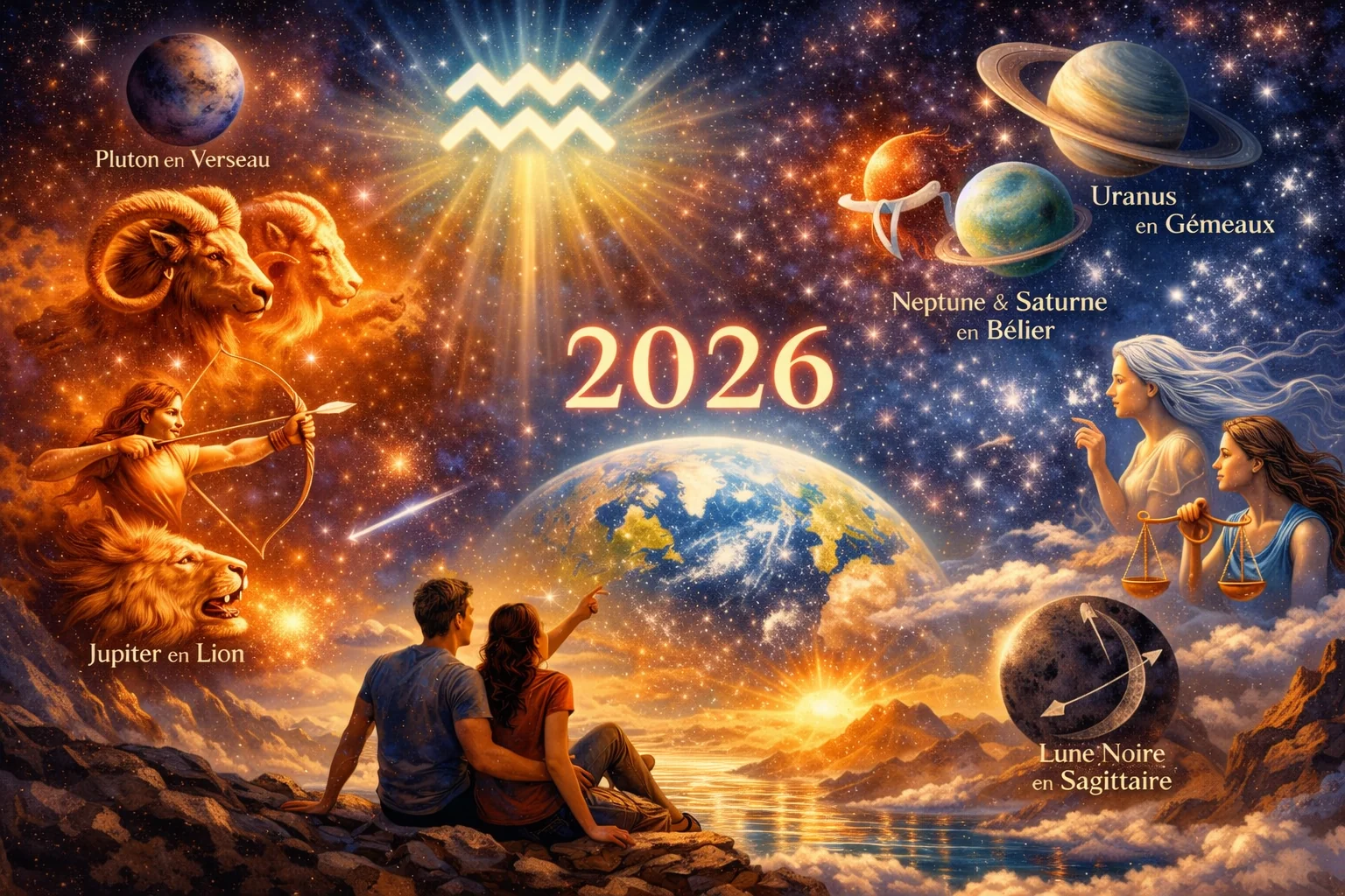 Ciel étoilé avec les symboles des planètes en transit pour 2026