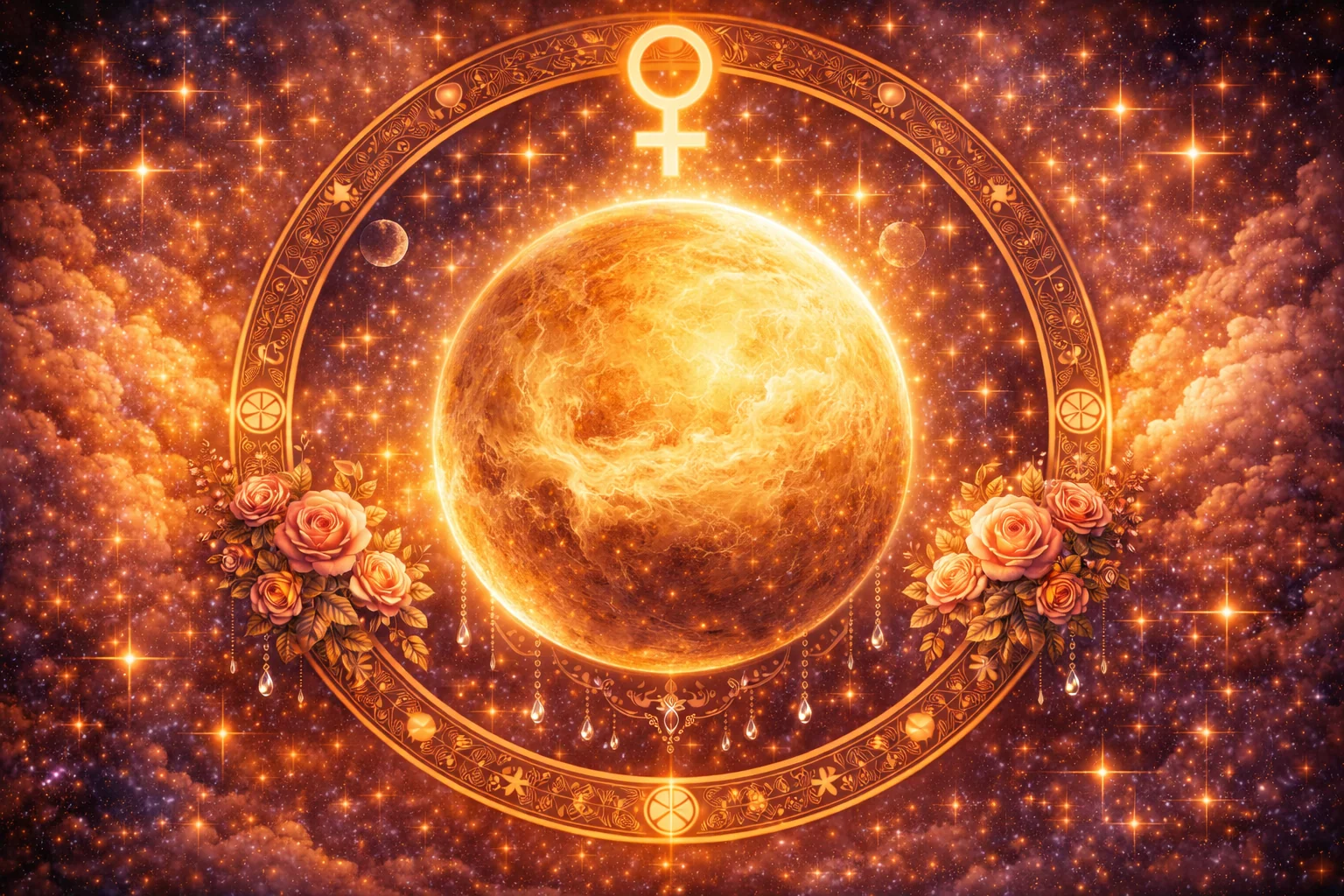 Symbole astrologique de Vénus entouré de cœurs et de roses